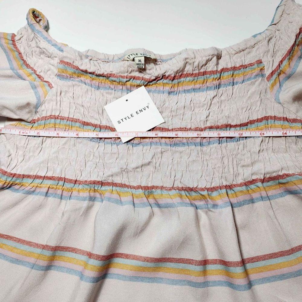 New with Tags Style Envy Girls Size XL Peplum Stripes Top Smocked Shirt Tan - Picture 3 of 6